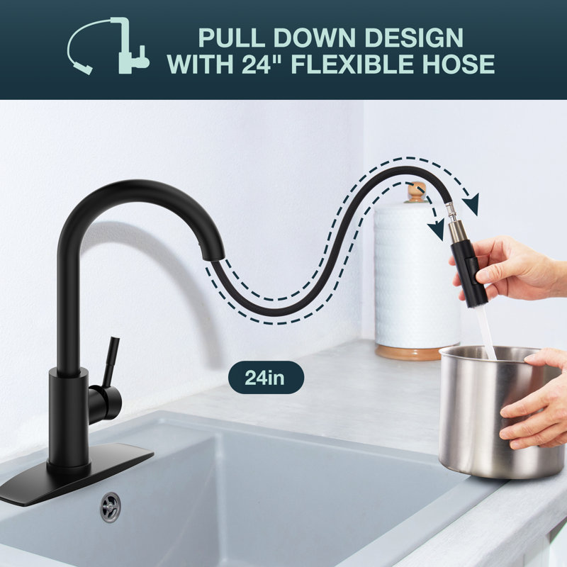 FORIOUS Pull Down Single Handle Kitchen Faucet With Deck Plate, Handles